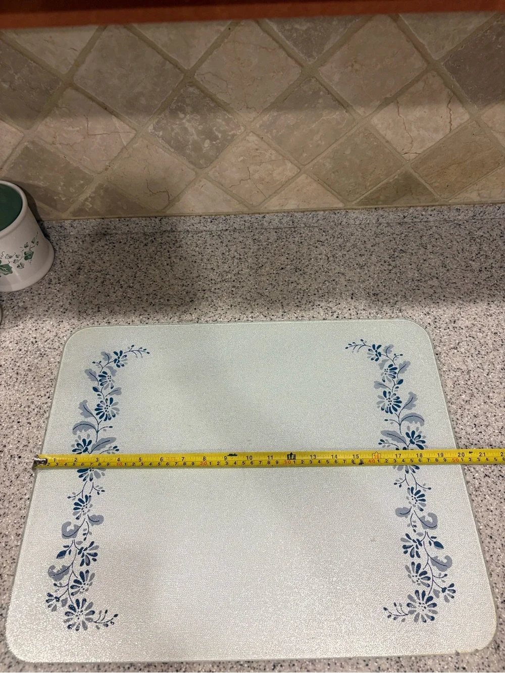 Floral Glass Cutting Board, Rectangular Medium, Non-Slip Feet, White/Blue/Gray